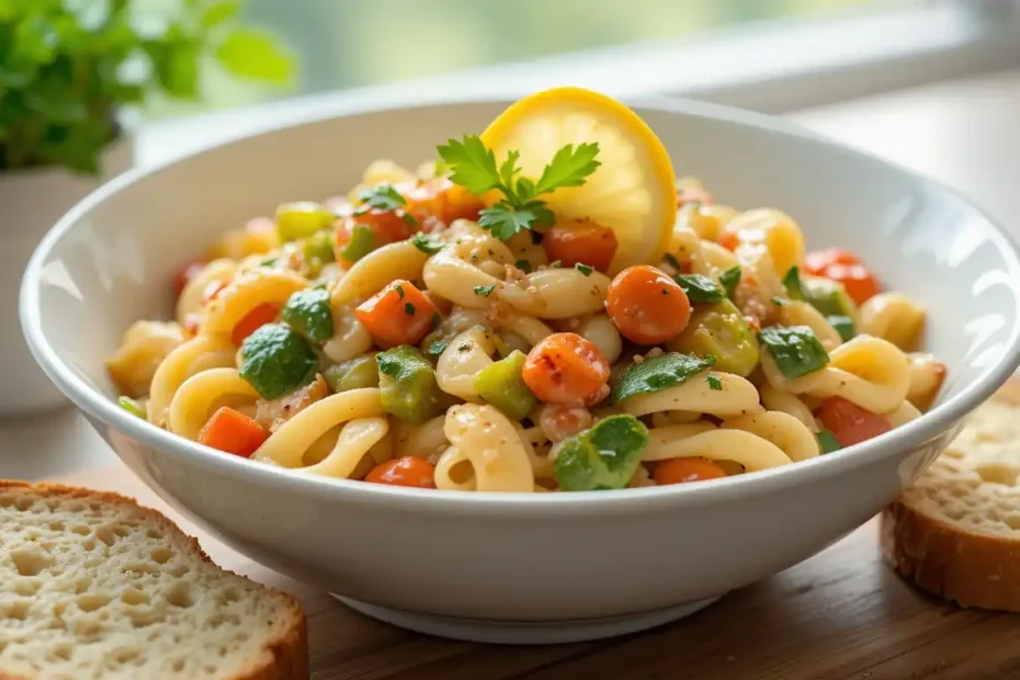 Creamy One-Pot Pasta Primavera with zucchini, cherry tomatoes, and broccoli in a white Dutch oven, garnished with fresh basil and Parmesan cheese