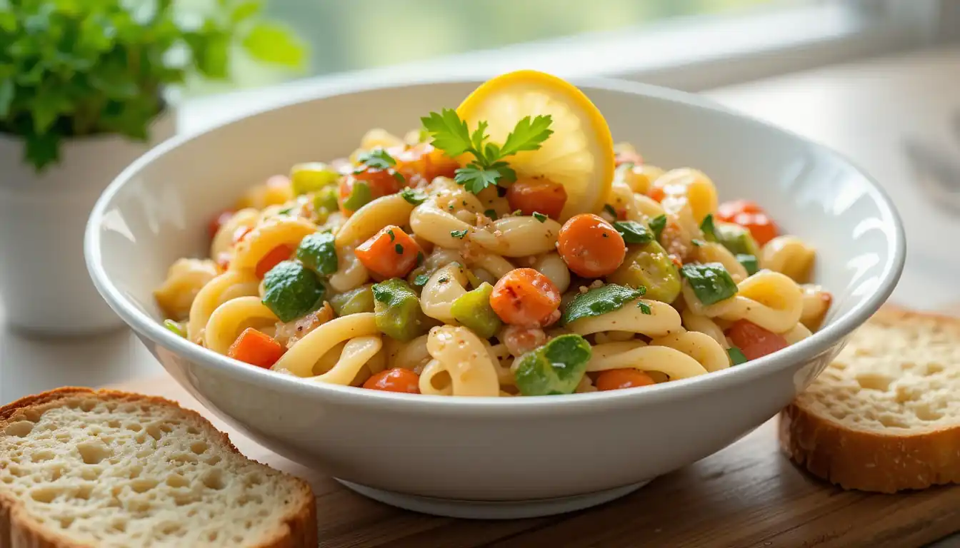 Creamy One-Pot Pasta Primavera with zucchini, cherry tomatoes, and broccoli in a white Dutch oven, garnished with fresh basil and Parmesan cheese