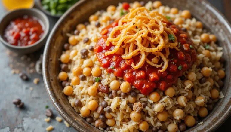 Delicious and authentic Egyptian Koshari Street Food, a vibrant bowl of rice, lentils, pasta, chickpeas, crispy onions, and tangy tomato sauce