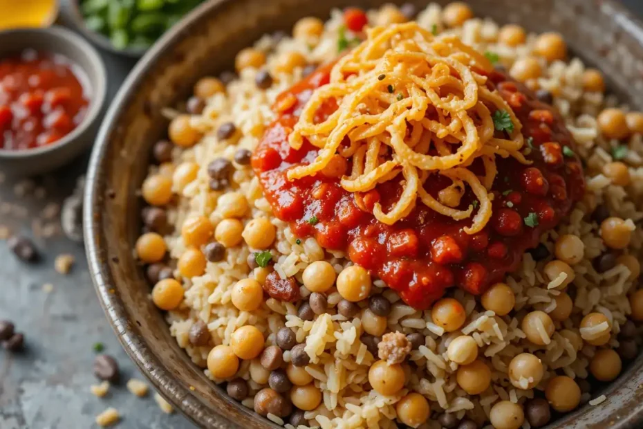 Delicious and authentic Egyptian Koshari Street Food, a vibrant bowl of rice, lentils, pasta, chickpeas, crispy onions, and tangy tomato sauce