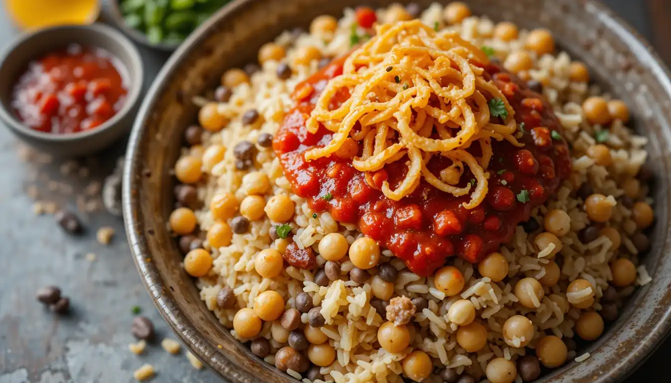 Best Egyptian Koshari Street Food: Simple Recipe! 1 Delicious and authentic Egyptian Koshari Street Food, a vibrant bowl of rice, lentils, pasta, chickpeas, crispy onions, and tangy tomato sauce