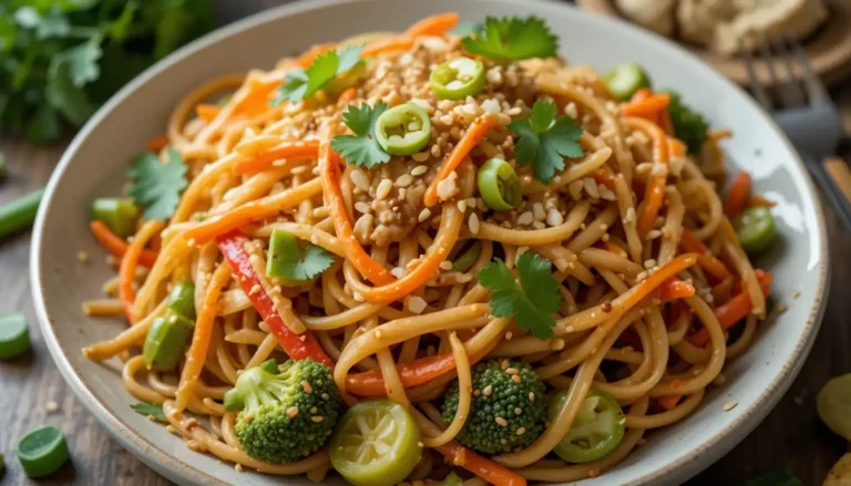 Thai Peanut Noodles with Veggies: Easy 30-Minute Recipe 2 A bowl of vibrant Thai peanut noodles with colorful veggies, topped with fresh cilantro and sesame seeds