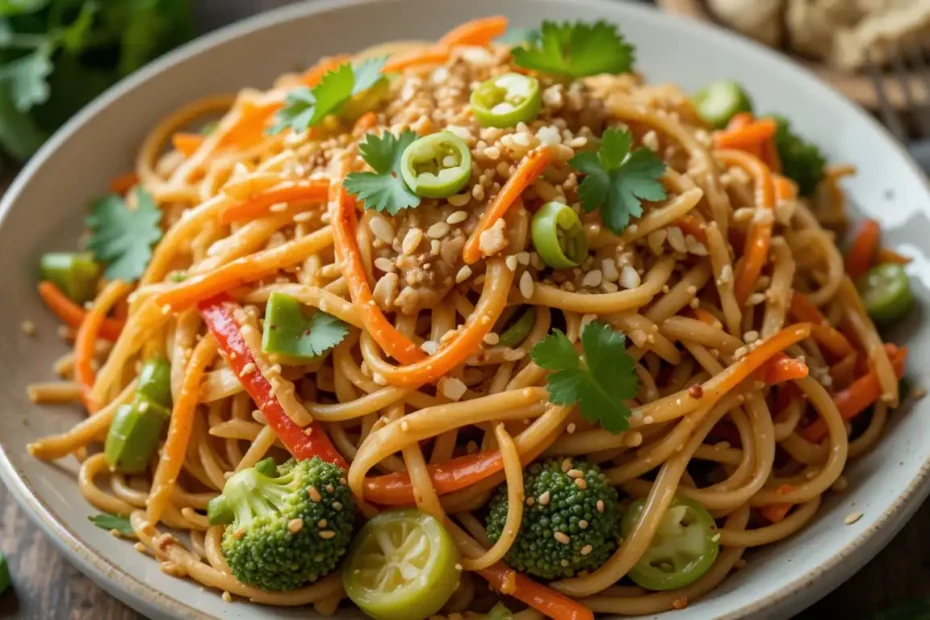 A bowl of vibrant Thai peanut noodles with colorful veggies, topped with fresh cilantro and sesame seeds