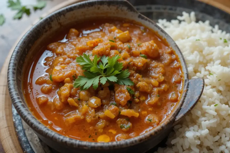 ri Lankan Coconut Sambal served in a bowl alongside a traditional rice dish