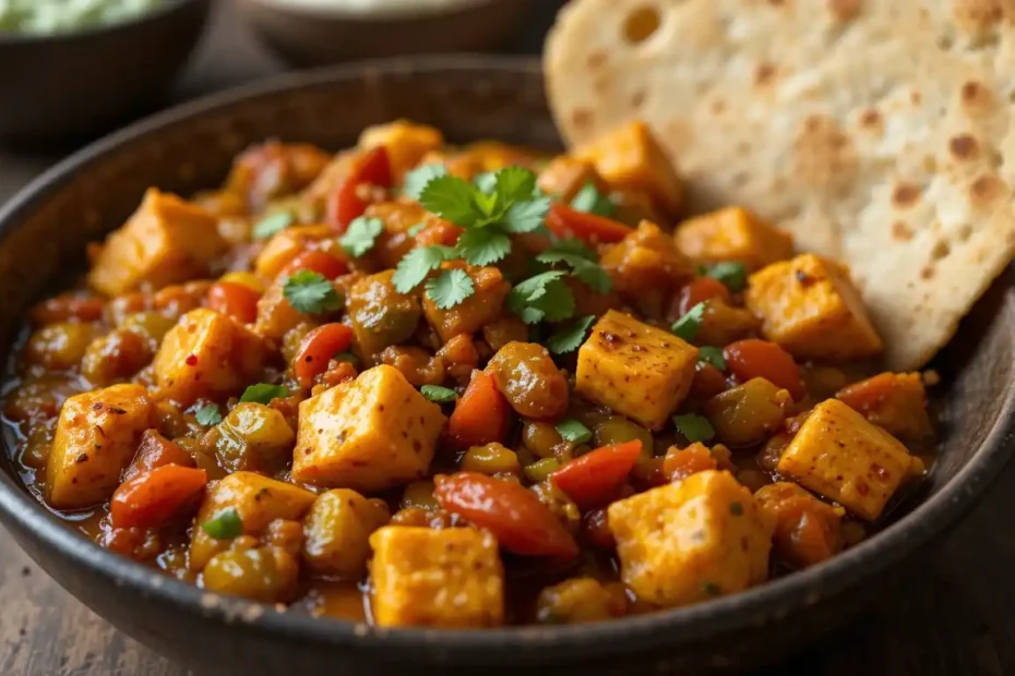 A plate of Paneer Bhurji served hot with fresh rotis and a side of raita