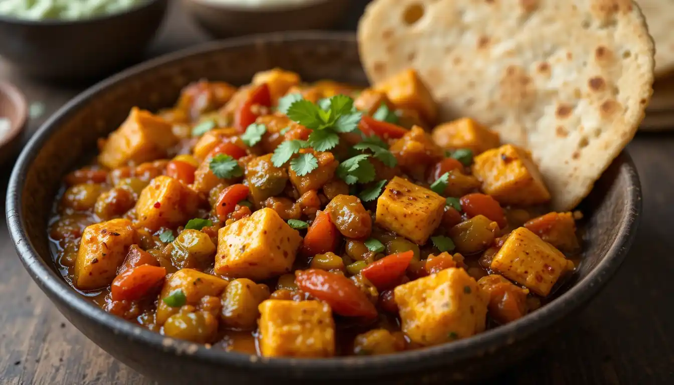 A plate of Paneer Bhurji served hot with fresh rotis and a side of raita