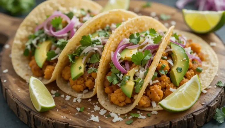 A plate of vibrant spicy cauliflower tacos filled with roasted cauliflower, avocado slices, fresh cilantro, and lime wedges