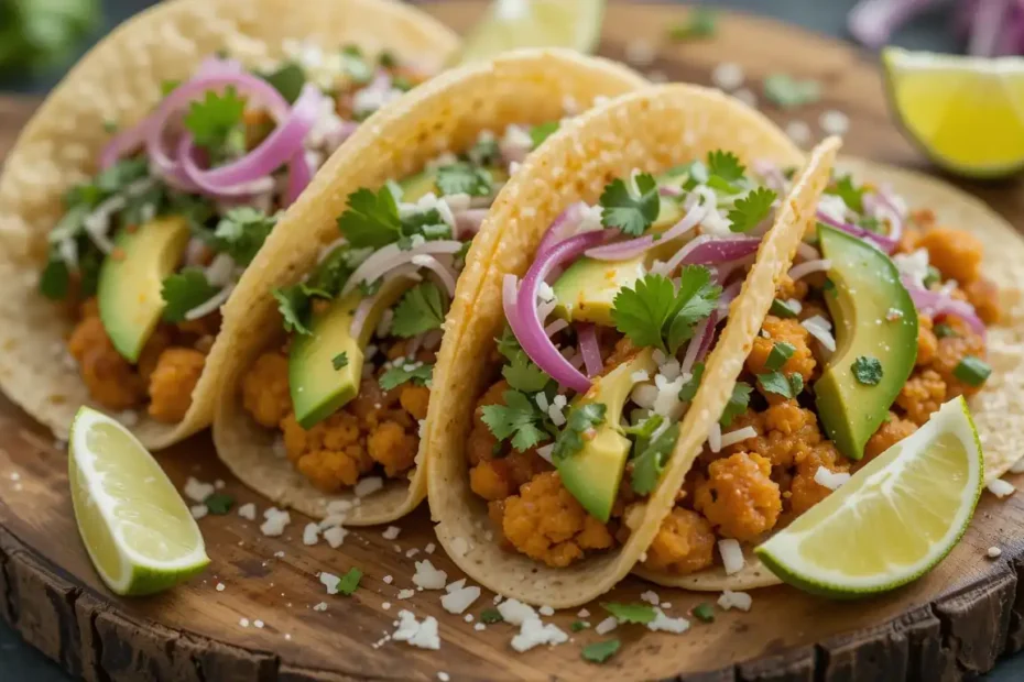 A plate of vibrant spicy cauliflower tacos filled with roasted cauliflower, avocado slices, fresh cilantro, and lime wedges