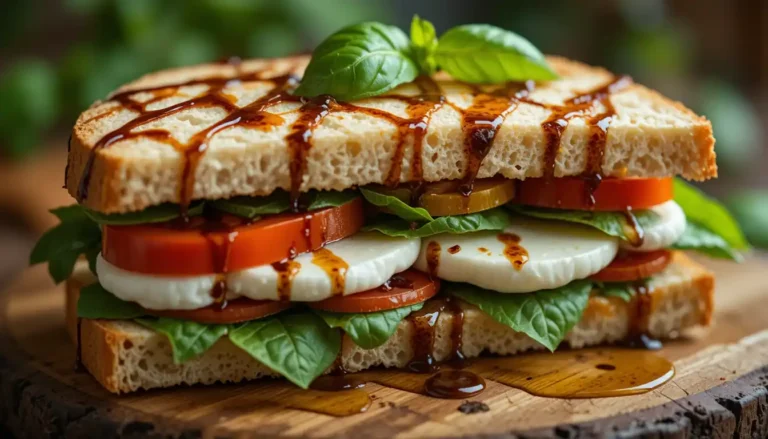 Delicious Caprese sandwich with fresh mozzarella, ripe tomatoes, basil leaves, and balsamic glaze on crusty bread.