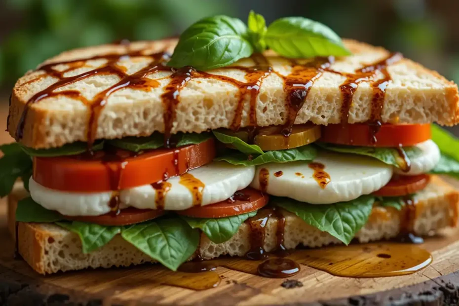 Delicious Caprese sandwich with fresh mozzarella, ripe tomatoes, basil leaves, and balsamic glaze on crusty bread.