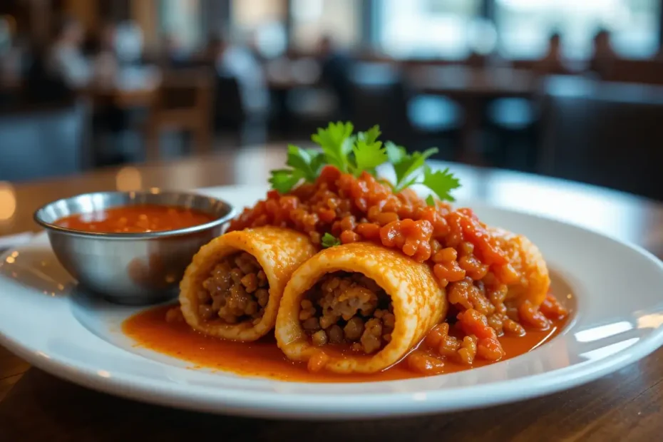 Bolivian Salteñas plated and ready to eat, served with a side of spicy Llajua hot sauce.