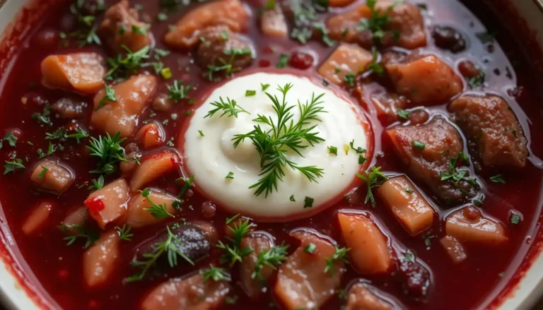Amazing Russian Borscht Recipe 2 Steaming bowl of vibrant red Russian Borscht Recipe garnished with sour cream, fresh dill, and parsley