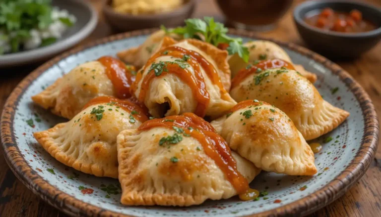 Delicious Argentinian Empanadas: Irresistible Recipe 5 Plate of freshly baked Argentinian Empanadas garnished with chimichurri sauce.