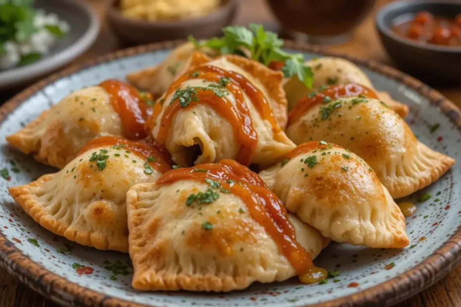 Plate of freshly baked Argentinian Empanadas garnished with chimichurri sauce.