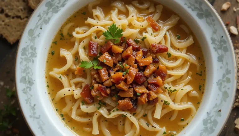 Close-up of a steaming bowl of German Sauerkraut Soup garnished with bacon bits and parsley