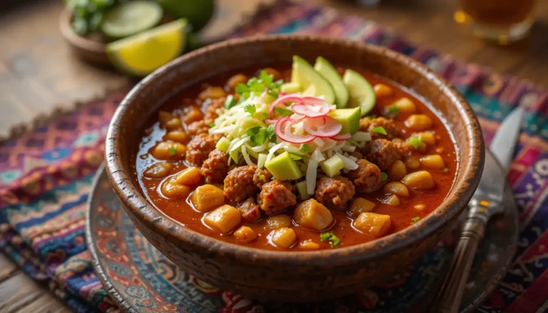 Delicious Mexican Vegan Pozole: The Ultimate Recipe 12 A colorful bowl of Mexican Vegan Pozole topped with fresh garnishes, showcasing the hearty and flavorful plant-based stew.