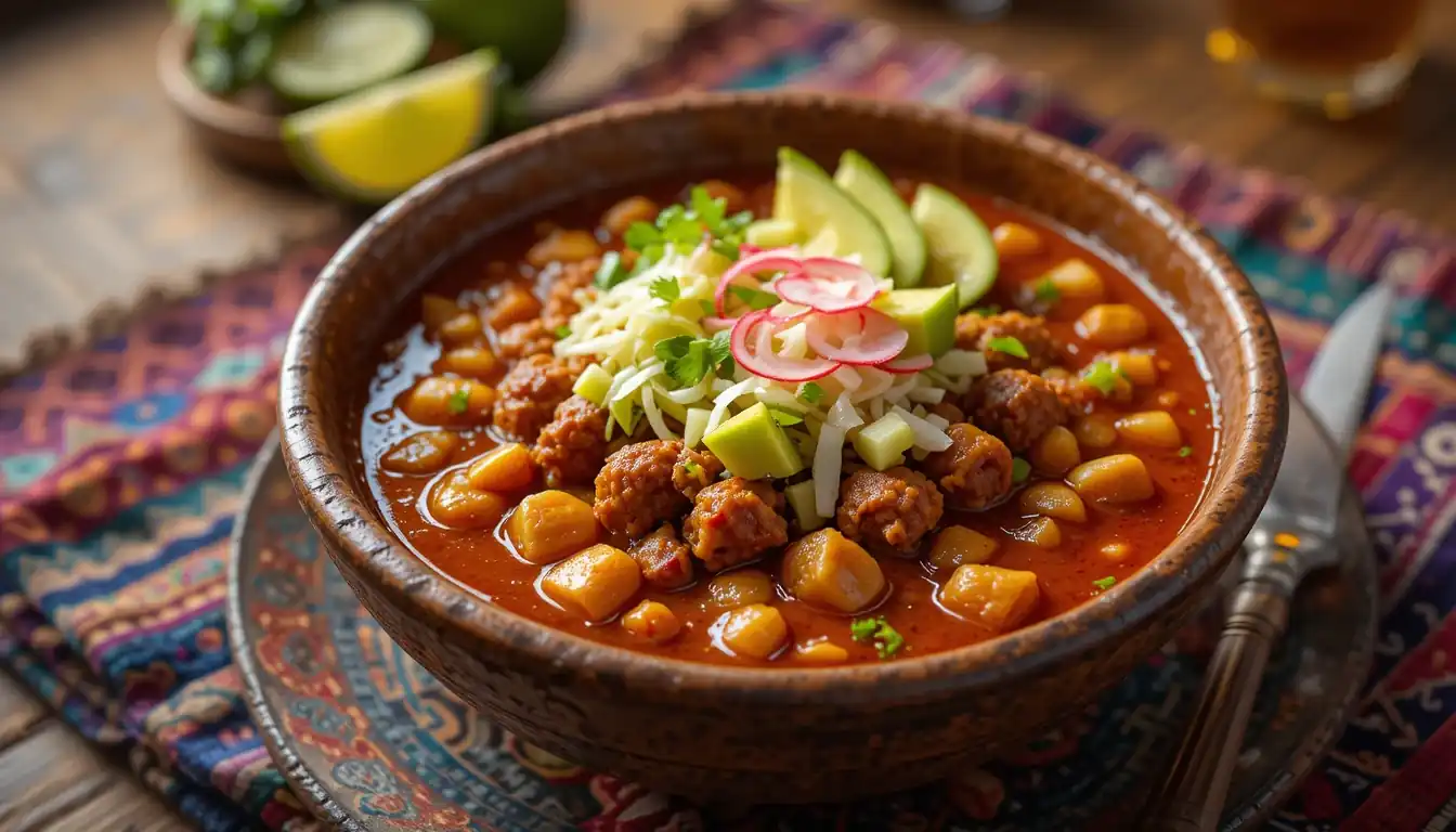 Delicious Mexican Vegan Pozole: The Ultimate Recipe 1 A colorful bowl of Mexican Vegan Pozole topped with fresh garnishes, showcasing the hearty and flavorful plant-based stew.