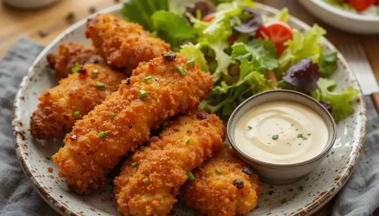 Crispy Air Fryer Chicken Tenders served on a plate with dipping sauce and salad