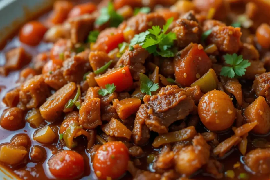 Close-up of a bowl of Cuban Ropa Vieja showing tender shredded beef in a rich tomato sauce garnished with herbs