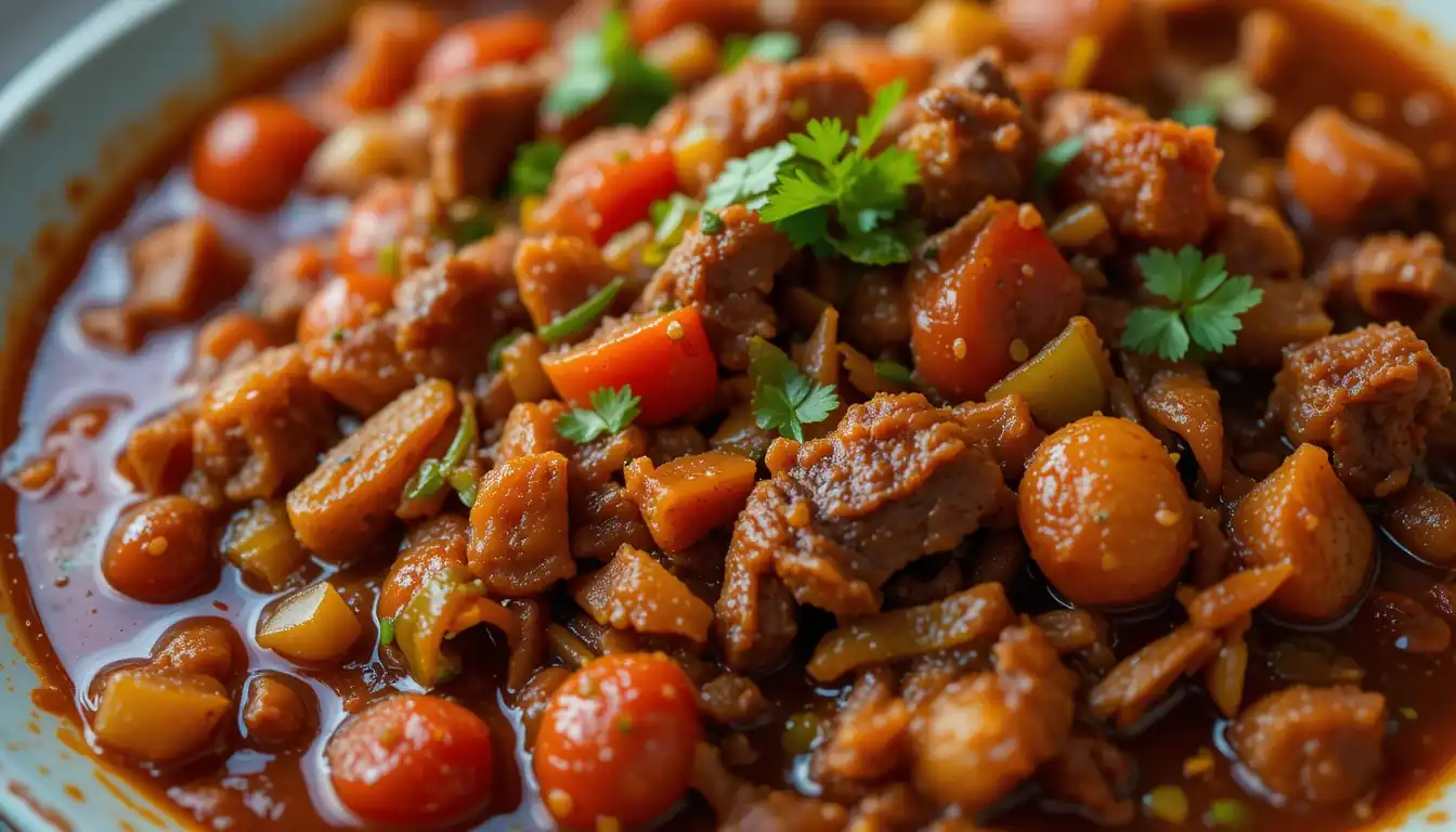 Close-up of a bowl of Cuban Ropa Vieja showing tender shredded beef in a rich tomato sauce garnished with herbs
