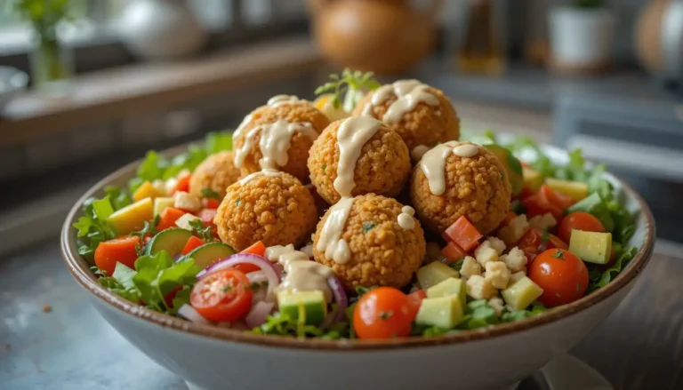 Delicious Falafel Bowl with crispy falafel, fresh greens, and vibrant vegetables drizzled with tahini sauce