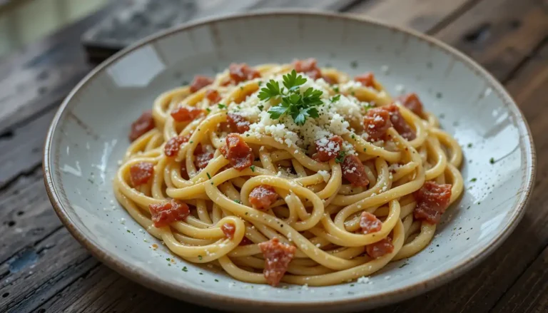 Ultimate Italian Pasta Carbonara Recipe 8 A beautifully plated serving of Italian Pasta Carbonara garnished with chopped parsley and extra grated cheese, set against a rustic table backdrop