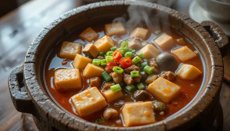 Steaming Korean Doenjang Jjigae in a traditional stone pot with tofu, zucchini, and potatoes.