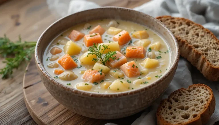 Irresistible Lohikeitto Recipe – A Creamy Finnish Delight 5 Bowl of creamy Finnish Lohikeitto garnished with fresh dill and served with slices of rye bread