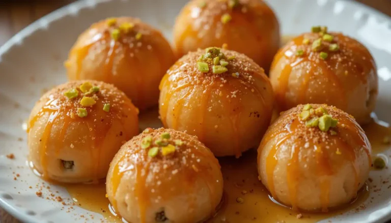 Delightful Greek Loukoumades: Irresistible Treats 7 Golden Greek Loukoumades on a white plate drizzled with honey syrup and sprinkled with cinnamon and nuts
