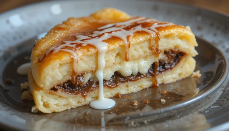 Delicious Indonesian Martabak Manis Recipe 8 A slice of Indonesian Martabak Manis, a thick, fluffy pancake filled with chocolate and cheese, drizzled with condensed milk