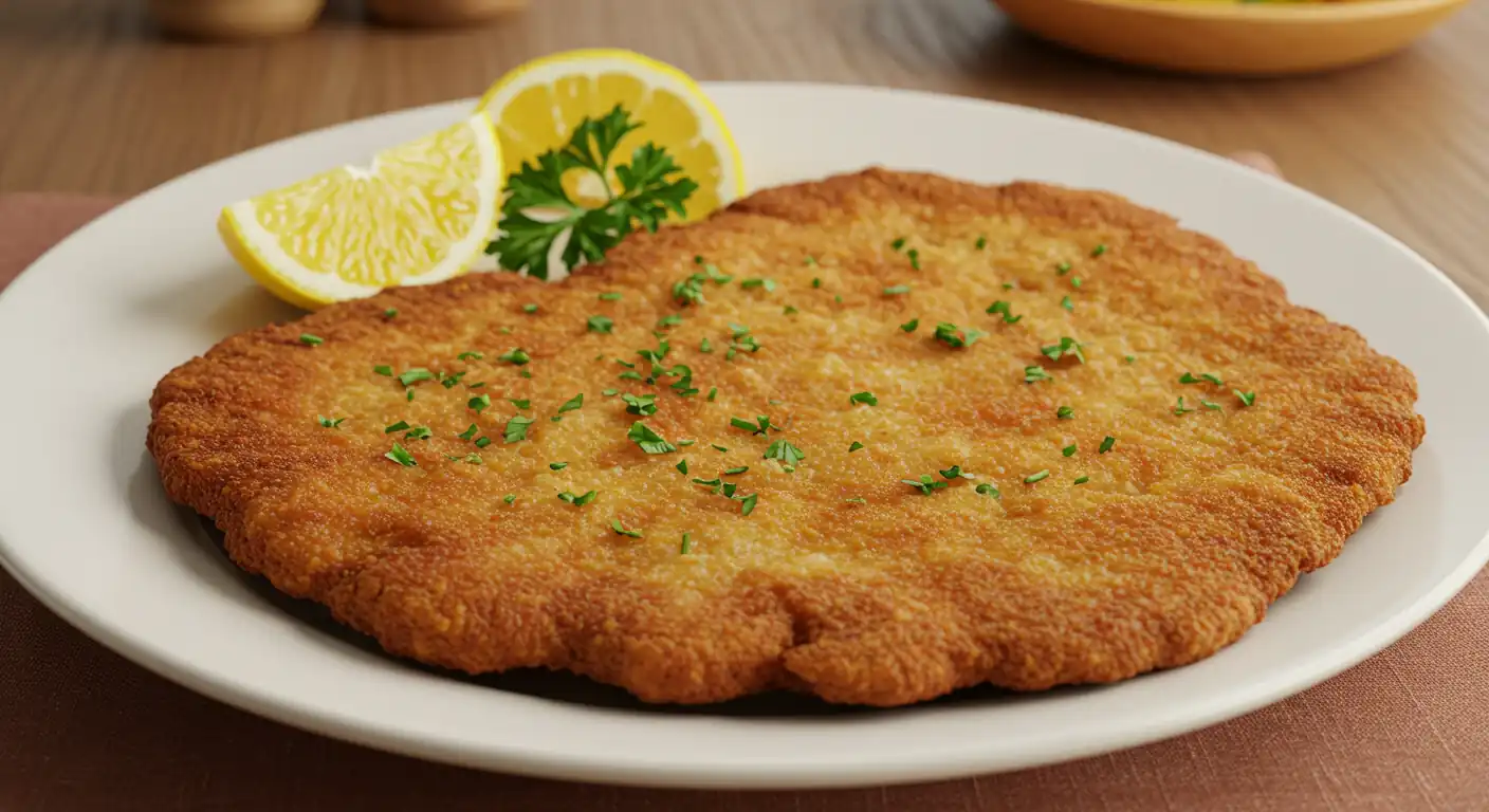 Perfectly golden brown Wiener Schnitzel on a white plate, garnished with a lemon wedge and fresh parsley, ready to eat