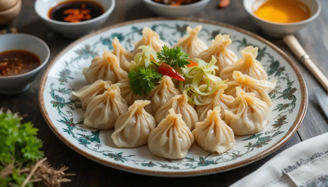Serving Chinese Dumplings with Assorted Dipping Sauces