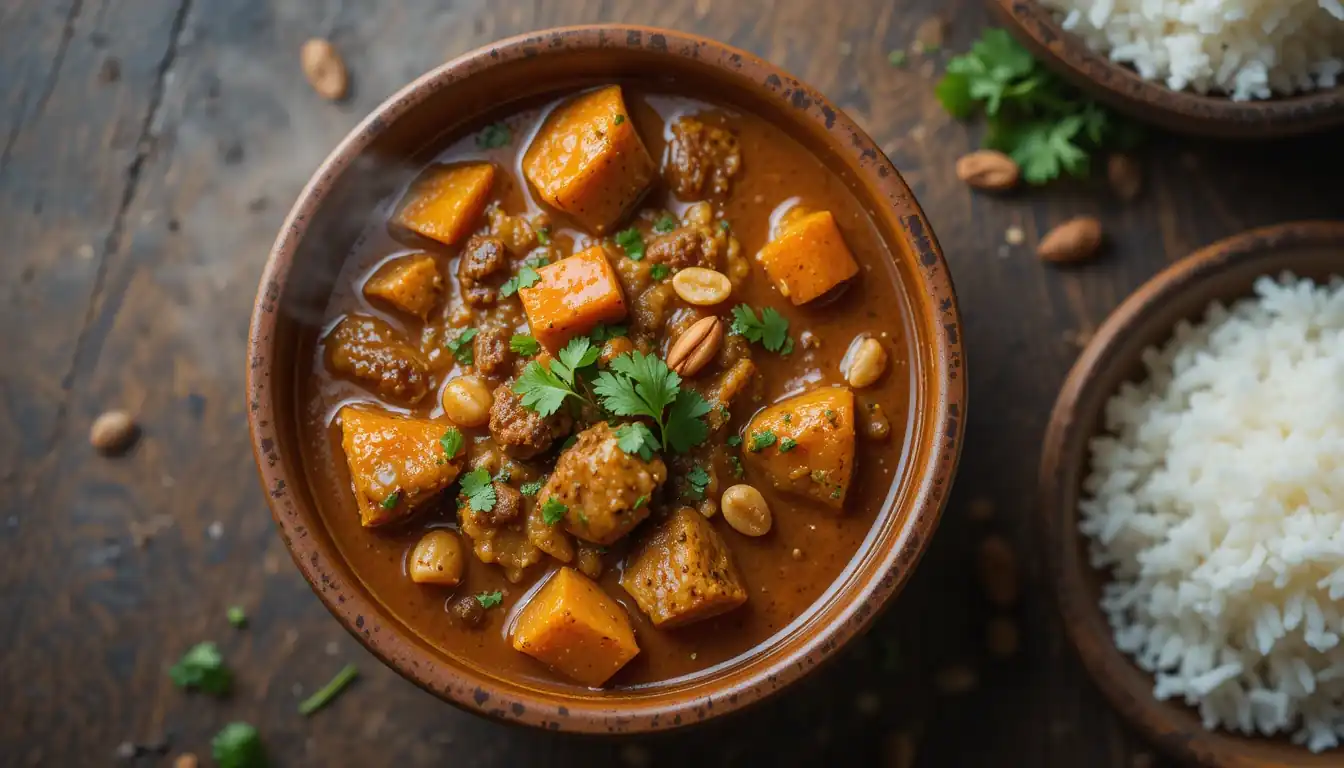 Delicious Maafe: Your Ultimate Easy Recipe 1 A delicious bowl of homemade West African Maafe peanut stew, thick and rich, served with fluffy white rice and garnished with cilantro and peanuts