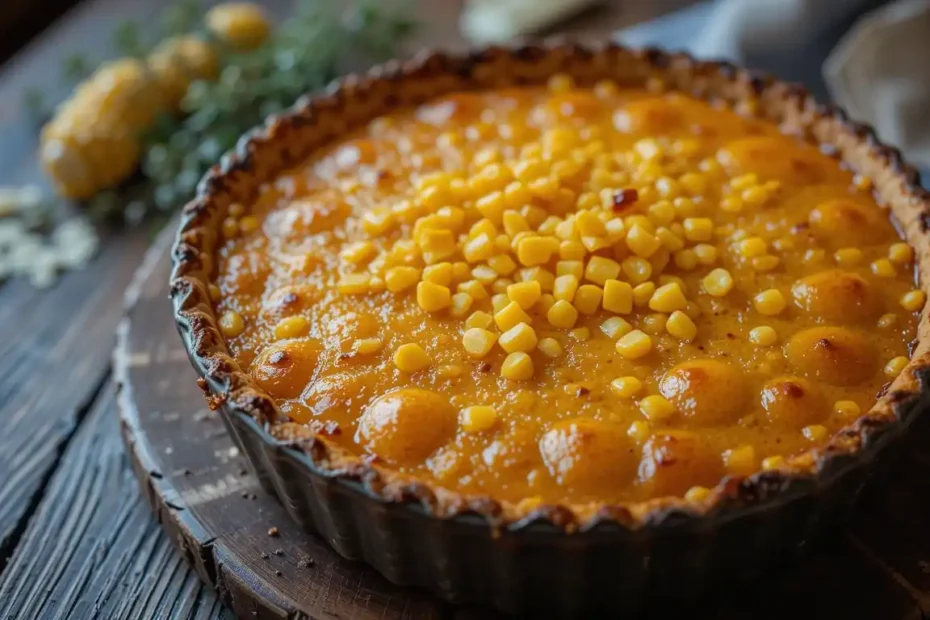 Delicious homemade Pastel de Choclo with golden corn topping on a rustic table