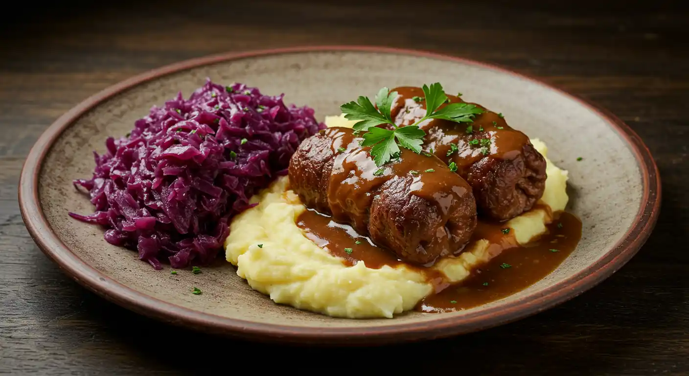 Amazing Rouladen: Your Ultimate Easy Recipe 1 Two hearty beef Rouladen served on a plate with mashed potatoes, braised red cabbage, and plenty of dark gravy, presented rustically.