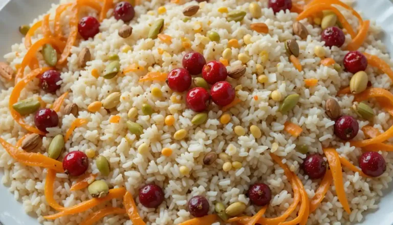 Persian Jeweled Rice: A Festive and Flavorful Dish 7 A platter of Persian Jeweled Rice, with fluffy basmati rice topped with colorful barberries, pistachios, almonds, orange peel, carrots, and caramelized onions.