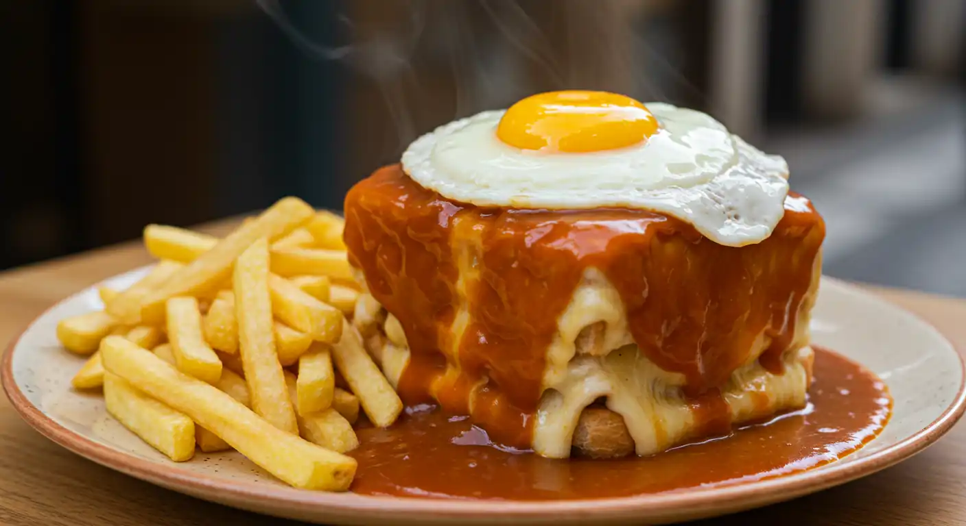 Deliciously Simple Francesinha: Make it Now! 1 A mouth-watering Francesinha sandwich drenched in rich sauce and topped with a fried egg, served with golden french fries on a plate.