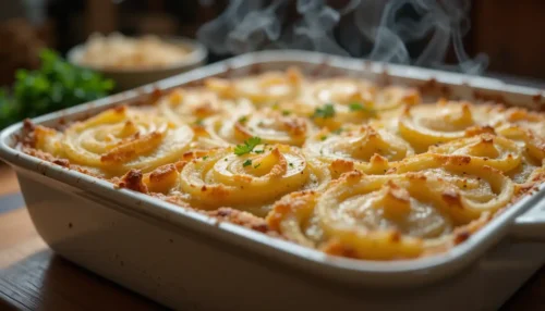 Home 10 Golden-brown baked Hachis Parmentier in a rustic casserole dish, ready to serve.