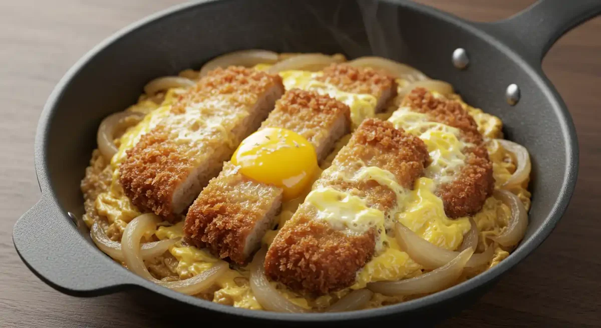 Easy Delicious Katsudon Pork Cutlet Rice Bowl Recipe 6 Katsudon nearly ready in the pan: sliced tonkatsu topped with perfectly set, silky egg and onions in simmering sauce.