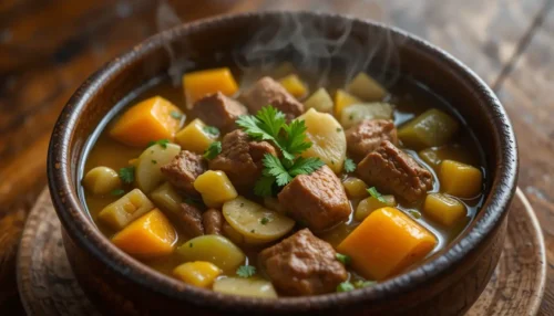 Home 8 A close-up, steaming bowl of delicious Sancocho Stew, showcasing tender meat chunks, root vegetables like yuca and potato, corn on the cob pieces, and fresh cilantro garnish.