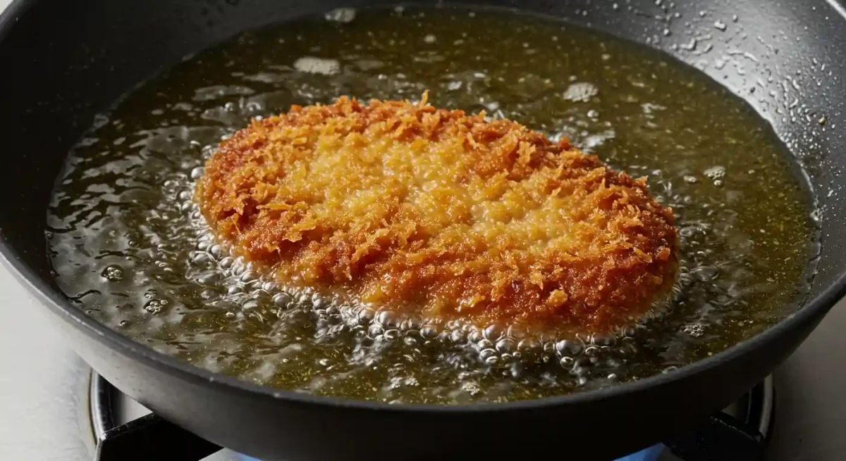 Easy Delicious Katsudon Pork Cutlet Rice Bowl Recipe 4 Golden-brown panko-breaded pork cutlet (tonkatsu) sizzling in hot, clear oil in a deep frying pan.
