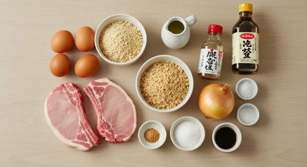 Easy Delicious Katsudon Pork Cutlet Rice Bowl Recipe 2 Ingredients for katsudon pork cutlet rice bowl recipe laid out: pork chops, panko, eggs, onion, dashi stock components, soy sauce, mirin.