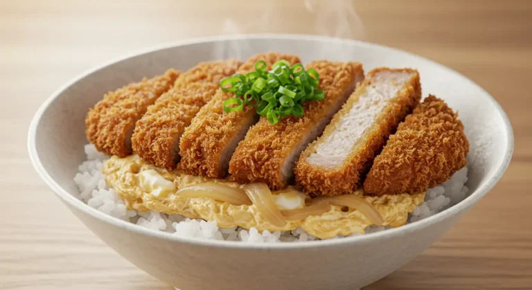 Easy Delicious Katsudon Pork Cutlet Rice Bowl Recipe 5 Appetizing bowl of katsudon pork cutlet rice bowl, featuring crispy tonkatsu, silky egg, and onions over steaming rice, garnished with scallions.