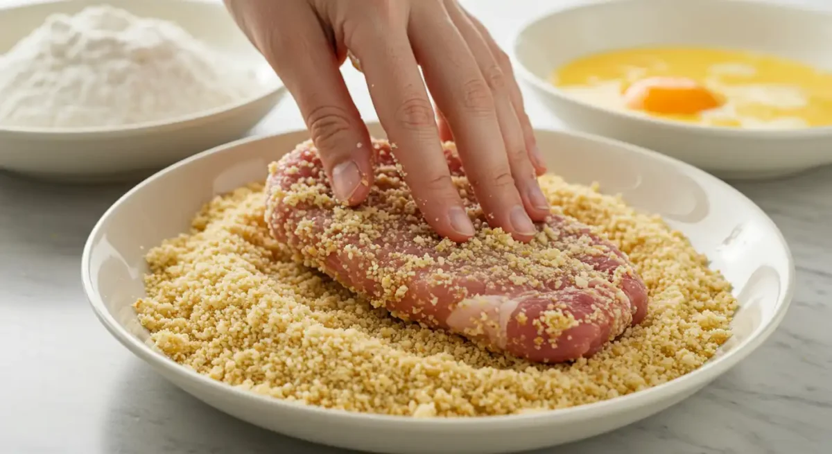 Easy Delicious Katsudon Pork Cutlet Rice Bowl Recipe 3 Pork cutlet being coated in panko breadcrumbs after dipping in flour and egg, part of the tonkatsu breading process.