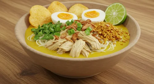 A steaming, vibrant bowl of authentic Indonesian Soto Ayam, garnished attractively with shredded chicken, half a hard-boiled egg, fresh celery leaves, and crispy fried shallots, set on a rustic table.