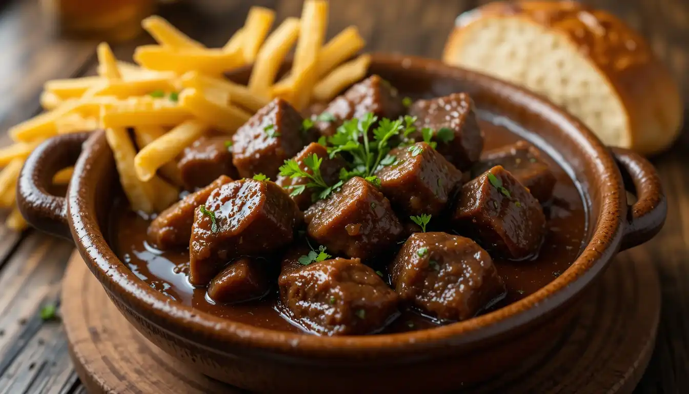 Delicious Carbonade Flamande: Foolproof Guide 1 A steaming bowl of Carbonade Flamande, Belgian beef and beer stew, featuring tender beef chunks in dark gravy, garnished with parsley, served with fries and crusty bread on a rustic table