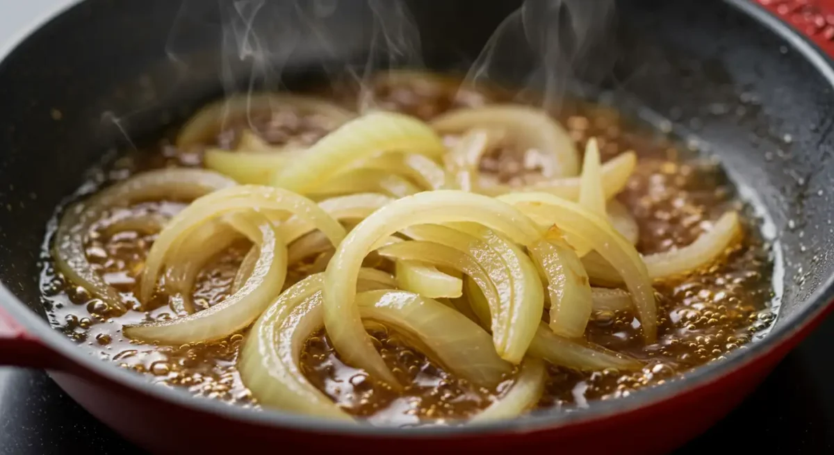 Easy Delicious Katsudon Pork Cutlet Rice Bowl Recipe 5 Thinly sliced onions simmering until soft in a savory dashi, soy sauce, and mirin broth in a small skillet or Oyakodon pan.