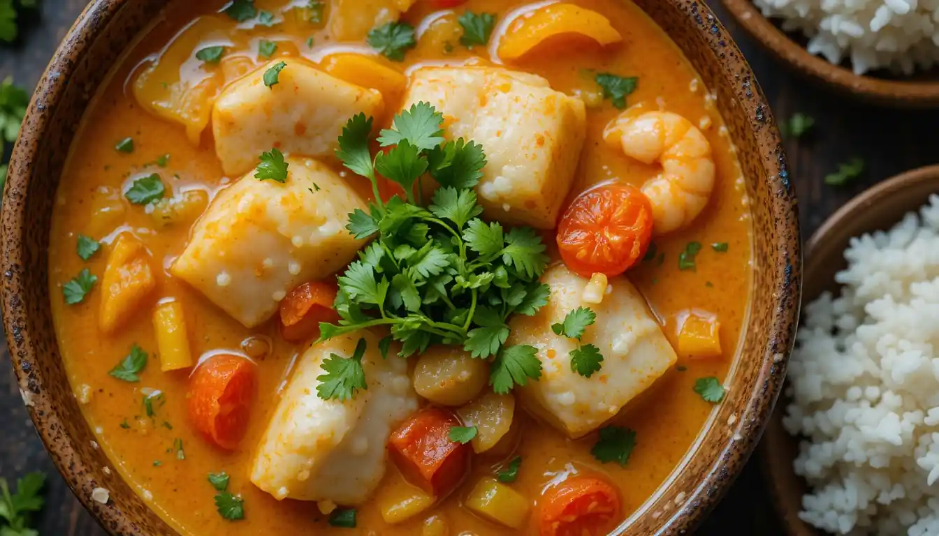 A close-up, steaming bowl of authentic Moqueca Baiana, a vibrant Brazilian seafood stew with fish, colorful peppers, creamy coconut milk, and dendê oil, garnished with fresh cilantro.