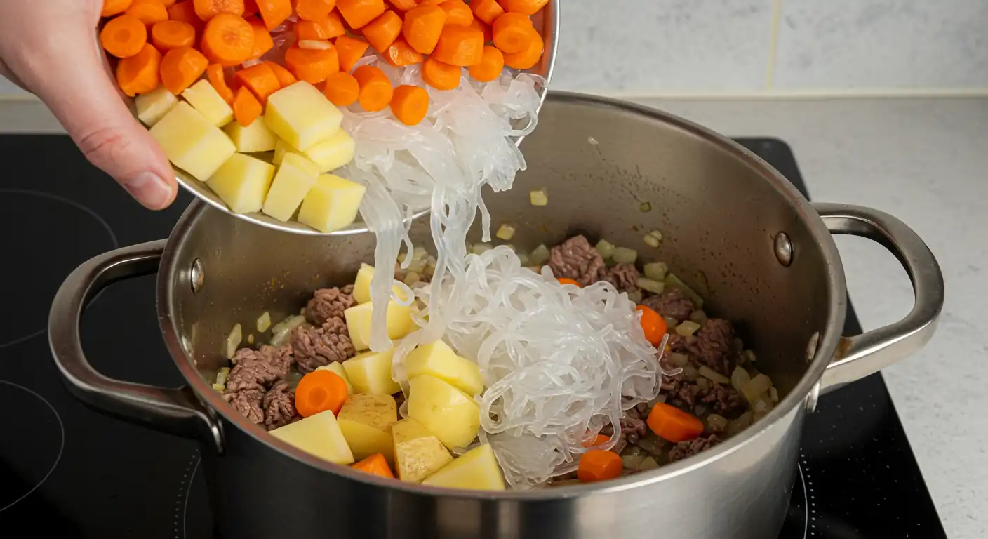 Best Nikujaga: The Ultimate Secret Recipe! 4 Potatoes, carrots, and shirataki noodles being added to the pot with sautéed beef and onions for Nikujaga