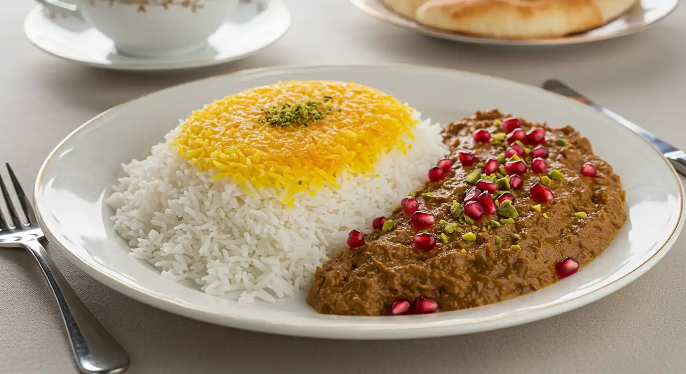 Blissful Fesenjan: The Delightful Persian Stew 4 A plate of delicious Fesenjan served alongside fluffy Persian rice with a golden, crispy Tahdig crust